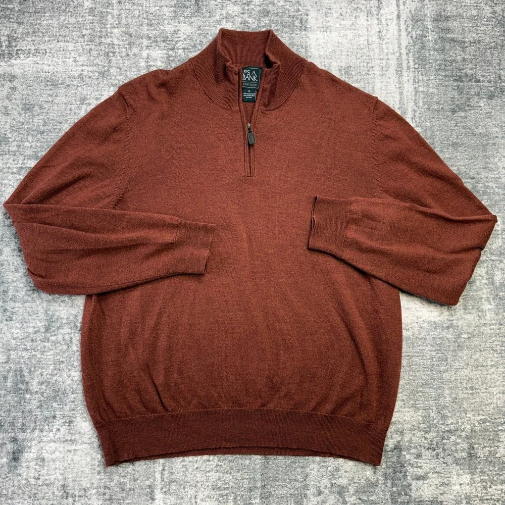 Jos A Bank Sweater Mens XL Rust Brown Traveler Merino Wool 1/4 Zip Pullover Knit